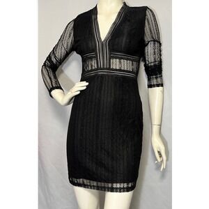 Lucy Wang Black Lace V-Neck‎ Long Sleeve Bodycon Mini Dress Sheer Sleeves